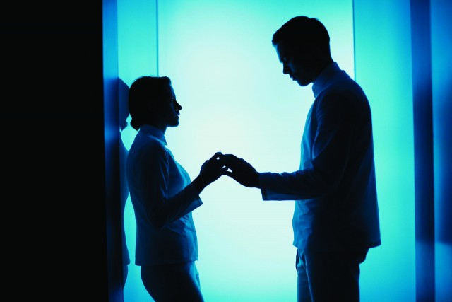 Kristen Stewart as Nia and Nicholas Hoult as Silas in the film EQUALS. Photo courtesy of A24.