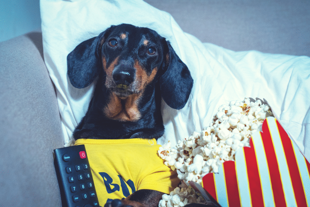 Movies in Time of Covid: Dog Watching a Movie on the Couch